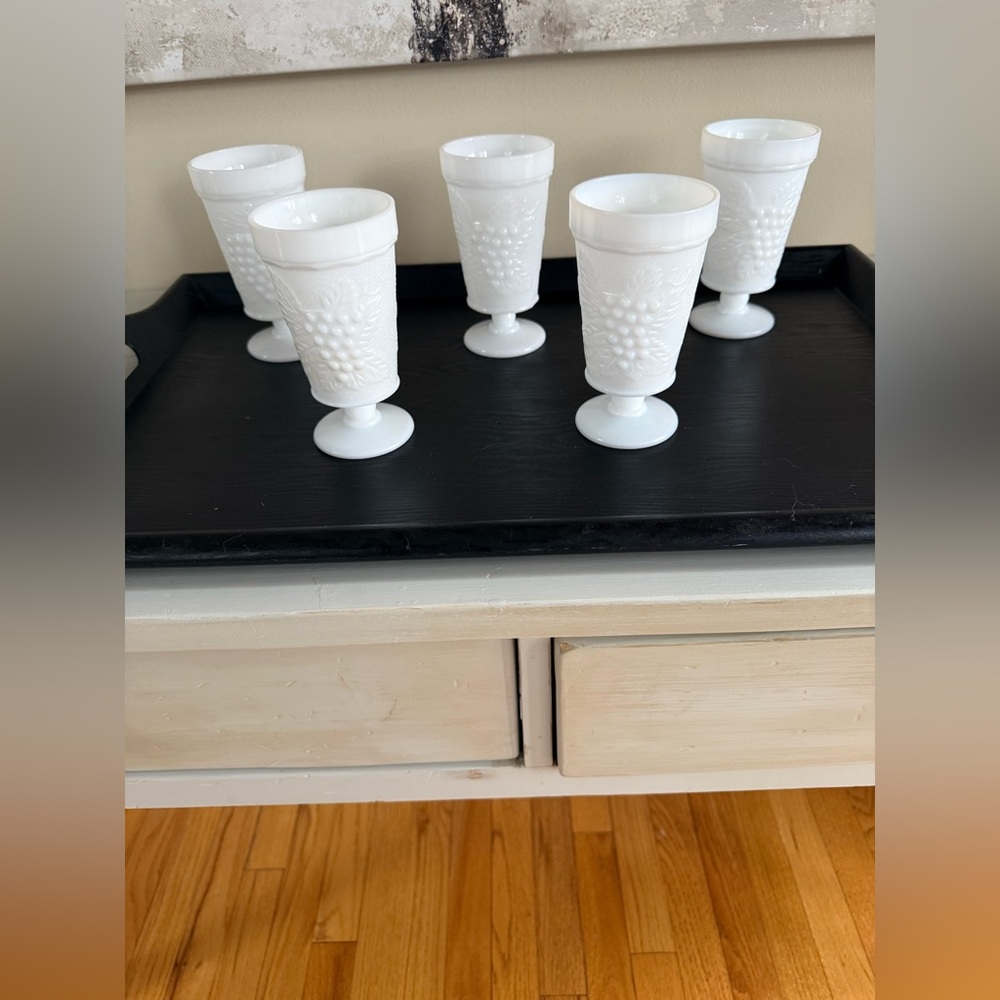 Vintage Anchor Hocking Milk Glass Footed Tumblers or Goblets- (Set of 5)